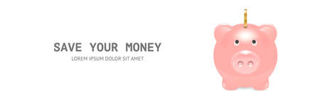 Vector Banner - Realistic 3d Pink Retro Piggy Bank with Golden Shiny Coin Closeup Isolated on White Background. Design Template, Money Pig for Graphics. Money, Financial, Savings Concept. Front Viewのイラスト素材