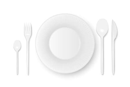 Vector 3d Realistic White Plastic, Paper Disposable Food Dish, Cutlery - Plate, Spoon, Fork, Khife Icon Set Isolated. Top View. Design template, Mock up for Graphics, Branding Identity, Printingのイラスト素材