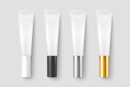 Vector 3d Realistic Plastic, Metal White Lip Balm, Lipstick, Cream Tube, Packing Set Isolated on White Background. Design Template of Toothpaste, Cosmetics, Cream, Tooth Paste for Mockup. Top Viewのイラスト素材