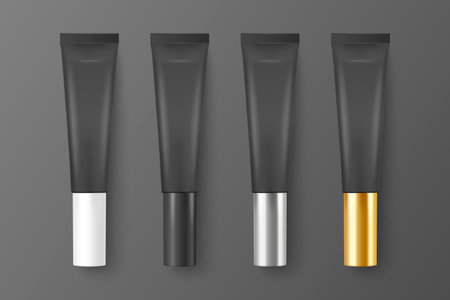 Vector 3d Realistic Plastic, Metal Black Lip Balm, Lipstick, Cream Tube, Packing Set Isolated on Black Background. Design Template of Toothpaste, Cosmetics, Cream, Tooth Paste for Mockup. Top Viewのイラスト素材