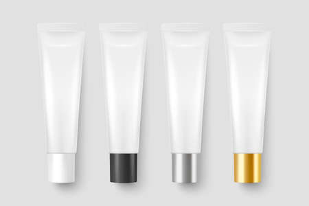 Vector 3d Realistic Plastic, Metal White Lip Balm, Lipstick, Cream Tube, Packing Set Isolated on White Background. Design Template of Toothpaste, Cosmetics, Cream, Tooth Paste for Mockup. Top Viewのイラスト素材