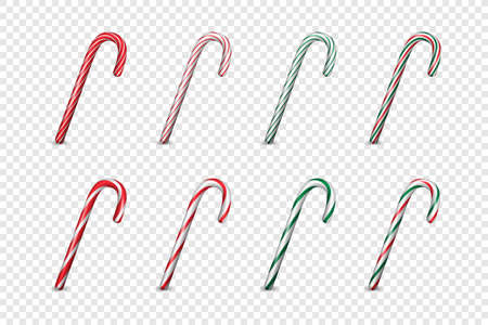 Vector 3d Realistic Striped Christmas and New Year Candy Cane Icon Set Closeup Isolated on Transparent Background. Xmas Sweet. Design Template for Greeting Card. Front Viewのイラスト素材