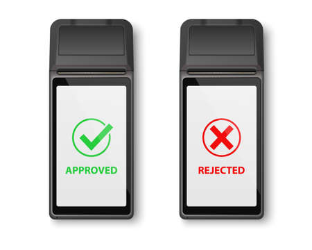 Vector Realistic Black 3d Payment Machine. POS Terminal Set Closeup Isolated. Approved, Rejected...