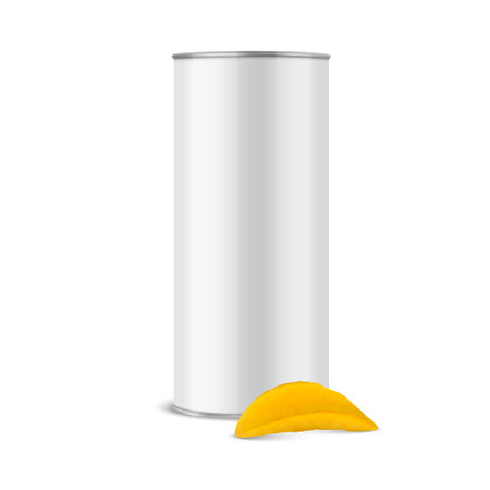 Vector 3d Realistic Glossy Blank White Metal Tin Can , Canned Food, Potato Chips Packaging and Realistic Textured Chips Isolated On White Background. Design Template, Mockup. Front Viewのイラスト素材