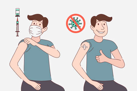 Man in Protective Mask Getting Vaccinated, Showing Vaccinated Arm. Syringe, Coronavirus Sign. Patient After Receiving Covid-19 Vaccine. Vaccination concept. Healthcare, Diagnostics. Flat Style Vectorのイラスト素材