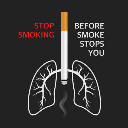 Vector 3d Realistic Cigarette, Lungs, Smoke and Quote on Black Background. May 31st World No Tobacco Day. No Smoking Day Awareness. Stop Smoking Campaign, Conceptのイラスト素材