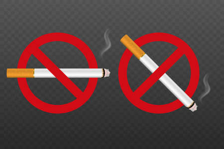 Vector No Smoking Area Sign, Symbol, Label Set Isolated. Realistic 3d Cigarette with Smoke. Do Not Smoke Here. May 31st World No Tobacco Day. No Smoking Day. Stop Smoking Campaign, Conceptのイラスト素材