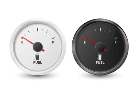 Vector 3d Realistic Black and White Circle Gas Fuel Tank Gauge, Oil Level Bar Icon Set Isolated on White Background. Car Dashboard Details. Fuel Indicator, Gas Meter, Sensor. Design Templateのイラスト素材