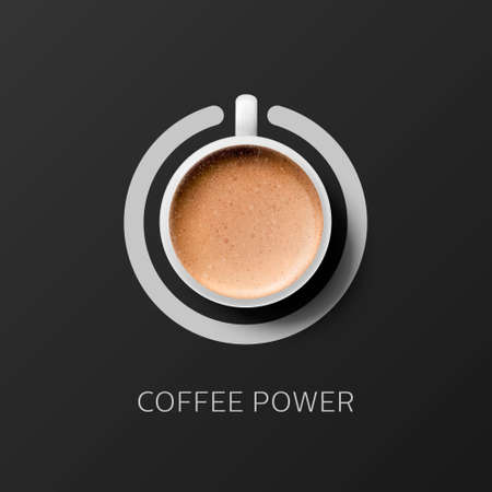Coffee Power. Vector 3d Realistic White Porcelain or Ceramic Mug with Saucer. Foam Milk Coffee, Capuccino, Latte. Concept Banner with Coffee Cup. Design Template. Top Viewのイラスト素材