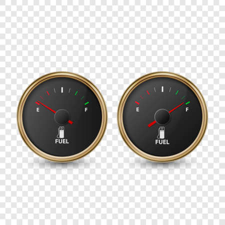 Vector 3d Realistic Golden Circle Gas Fuel Gauge, Oil Level Bar with Black Dial Icon Set Isolated. Full and Empty. Car Dashboard Details. Fuel Indicator, Gas Meter, Sensor. Design Templateのイラスト素材