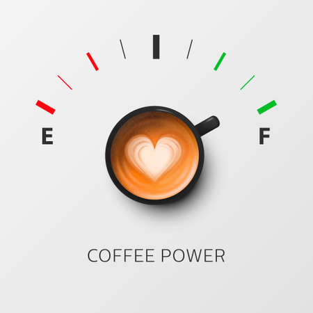 Coffee Power. Vector 3d Realistic Black Mug with Milk Coffee and Fuel Gauge. Vapuccino, Latte. Concept Banner with Coffee Cup. Heart Pattern. Design Template. Top Viewのイラスト素材