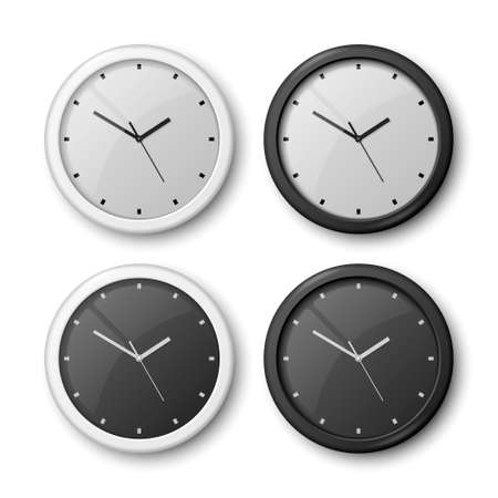 Vector 3d Realistic White and black Wall Office Clock Icon Set Isolated on White. White Dial, Black Dial. Design Template of Wall Clock Closeup. Mock-up for Branding and Advertise. Top, Front Viewのイラスト素材