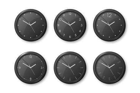 Vector 3d Realistic Black Wall Office Clock Icon Set Isolated on White. Black Dial. Design Template of Wall Clock Closeup. Mock-up for Branding and Advertise. Top, Front Viewのイラスト素材