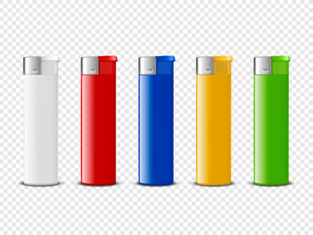 Vector 3d Realistic Blank White, Red, Blue, Yellow, Green Blank Cigarette Lighter Set Closeup Isolated. Design Template for Advertising, Mockup, Corporate Identity. Front View.のイラスト素材
