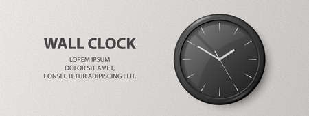 Vector 3d Realistic Black Wall Office Clock on Textured White Wall Background. Design Template,...