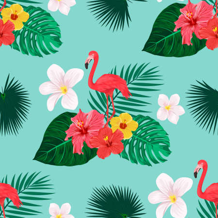Seamless Pattern with Flamingo Bird, Tropical Leaves and Flowers. Repeated Tropical Background. Flat Vector Illustration. Africa, Savannh, Exotic, Summer, Flamingo Pattern. Tropic Conceptのイラスト素材