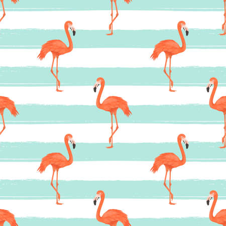 Seamless Flamingo Bird on Blue Striped Background, Repeated Pattern. Tropical Animal. Flat Vector Illustration. Africa, Savannh, Exotic Birds. Summer, Flamingo Pattern. Tropic Conceptのイラスト素材