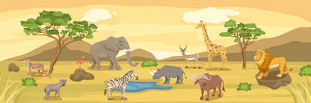 African Savannah Wild Animal Set. Lion, Rhino, Zebra, Buffalo, Giraffe, Flamingo, Leopard, Gazelle, Elephant, Hyena. Flat Vector Illustration. Animals of Africa. Savannh Landscape Bannerのイラスト素材