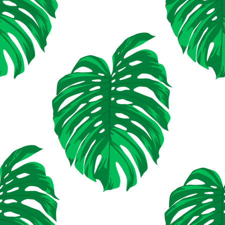 Seamless Pattern with Tropical Leaves on White. Repeated Tropical Background. Vector Illustration. Africa, Savannh, Exotic, Summer, Monstera Pattern. Tropical Forest Conceptのイラスト素材