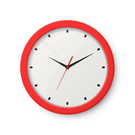 Vector 3d Realistic Red Wall Office Clock Isolated on White. White Dial. Design Template of Wall Clock Closeup. Mock-up for Branding, Advertise. Top, Front Viewのイラスト素材