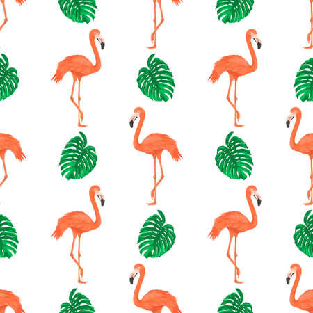 Seamless Pattern with Flamingo Bird and Tropical Leaves. Repeated Tropical Background. Flat Vector Illustration. Africa, Savannh, Exotic, Summer, Flamingo Pattern. Tropic Conceptのイラスト素材