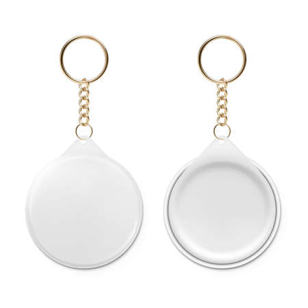 Vector 3d Realistic Blank Round Keychain with Ring and Chain for Key Isolated on White. Button Badge with Ring. Plastic, Metal ID Badge with Chains Key Holder, Design Template, Mockupのイラスト素材