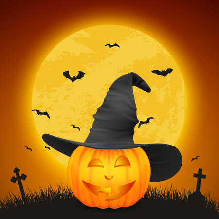 Vector Cartoon Halloween Pumkin Lantern with Funny Face and Witch Hat on Night Glowing Moon Background, Bats, Cemetery. Design Template of Realistic Pumkin. Autumn Holidays, Halloween Conceptのイラスト素材
