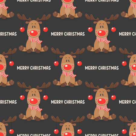 Merry Christmas. Vector Seamless Pattern with Christmas Cute Reindeer with Christmas Balls on the Horns in Flat Style on Black Background. Design Template. Cartoon Kids Characterのイラスト素材