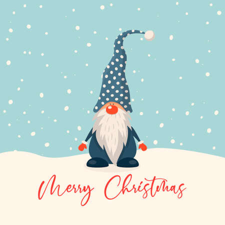 Merry Christmas Postcard. Vector Christmas Cute Gnome with Caps in Flat Style. Design Template for Merry Christmas and Happy New Year Card. Cartoon Kids Character - Funny Gnomeのイラスト素材