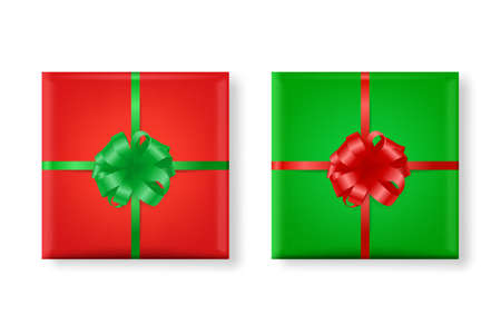 Vector 3d Realistic Paper Green and Red Christmas Gift Box, Bow Icon Set Isolated. New Year, Christmas, Valentine Day or Anniversary Concept. Design Template of Christmas Present Packing. Top Viewのイラスト素材