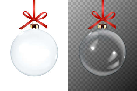 Vector Realistic 3d Christmas Glossy Glass Ball Icon, Mock-up Set Closeup Isolated on Transparency Grid Background. Design Template of Xmas and New Year Tree Toy Decoration Ball for Mockup. Front Viewのイラスト素材
