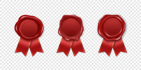 Vector 3d Realistic Vintage Red Stamp, Wax Seal Set Isolated. Sealing Wax, Stamps, Labels for Quality Certificate, Document, Letter, Envelop. Imprint, Wax Insignia, Tag. Guarantee, Secret Sign, Labelのイラスト素材