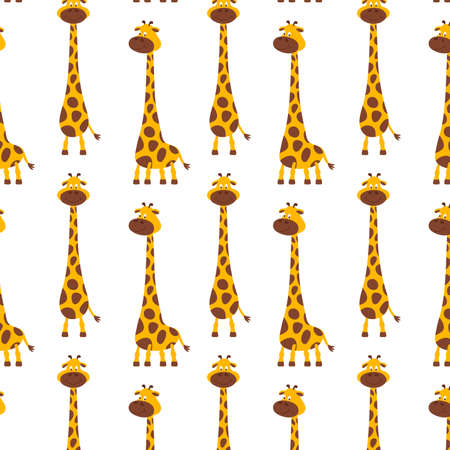 Vector Seamless Pattern. Cartoon Cute and Happy Giraffes in Flat Style on White Background. Repeating Seamless Giraffe Texture. Safari Wild Animal Backgdrop for Child Apparel Textile, Kids Designのイラスト素材