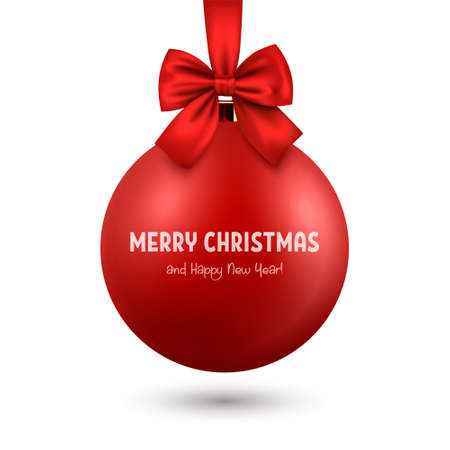 Vector Realistic 3d Red Christmas Glass Ball with Red Silk Bow Closeup Isolated. Design Template of Xmas and New Year Tree Toy Decoration, Christmas Ball for Mockup. Front Viewのイラスト素材