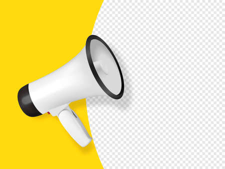 Vector Sale, Announcement, Hot News Banner Design Template with 3d Realistic White Megaphone and Speech Bubble on Yellow Background. Shopping, Discount Background. Big Sale Special Offer Conceptのイラスト素材