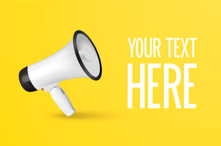 Vector Sale, Announcement, Hot News Banner Design Template with 3d Realistic White Megaphone and Copy Space on Yellow Background. Shopping, Discount Background. Big Sale Special Offer Conceptのイラスト素材