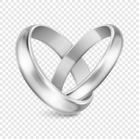 Vector 3d Realistic Silver Metal Wedding Ring Set Closeup. Design Template of Shiny Rings in the Shape of Heart. Wedding, Engagement, Love, Romantic, Jewelry Store Concept. Rings Clipart, Mockupのイラスト素材