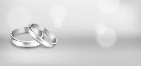 Vector 3d Realistic Silver Metal Wedding Ring Set Closeup. Design Template of Shiny Rings in the Shape of Heart. Wedding, Engagement, Love, Romantic, Jewelry Store Concept. Rings Clipart, Mockupのイラスト素材