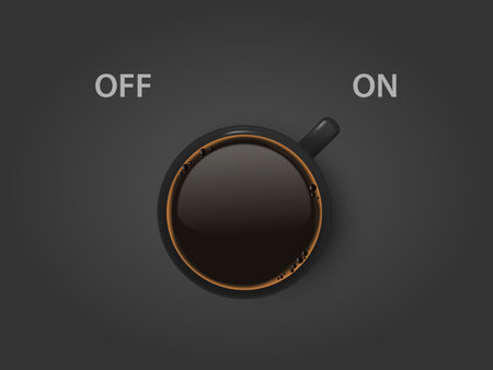 Vector 3d Realistic Off, On Switch with Coffee in Black Ceramic, Porcelain Coffee Mug on Black. Coffee Cup Icon. Concept Creative Banner with Coffee Cup. Design Template. Top Viewのイラスト素材