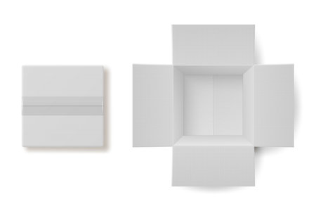 Vector 3d Closed and Opened Cardboard White Craft Paper Box, Gift Box Set Isolated. Birthday, New Year, Christmas, Valentine Day, Sale, Surpirse, Purchase Concept. Design Template of Packing. Top Viewのイラスト素材