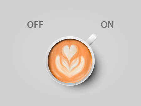 Vector 3d Realistic Off, On Switch with Cappuccino, Latte Coffee in White Ceramic, Porcelain Coffee Mug on Whitek. Coffee Cup Icon. Concept Creative Banner with Coffee Cup. Design Template. Top Viewのイラスト素材