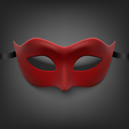 Vector 3d Realistic Red Carnival Face Mask for Party Decoration, Masquerade Closeup. Design Template of Mask for Man or Woman. Carnival, Party, Secret, Hero, Stranger Conceptのイラスト素材