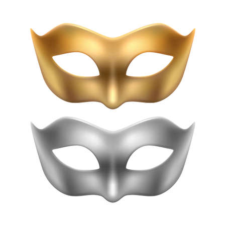 Vector 3d Realistic Golden, Silver Carnival Face Mask Icon Set, Masks for Party, Masquerade Closeup Isolated. Design Template of Mask for Man, Woman. Carnival, Party, Secret, Hero, Stranger Conceptのイラスト素材