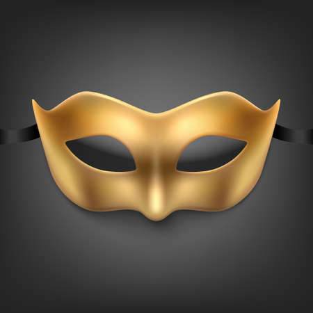 Vector 3d Realistic Golden Carnival Face Maskon Black Background. Mask for Party, Masquerade Closeup. Design Template of Mask for Man, Woman. Carnival, Party, Secret, Hero, Stranger Conceptのイラスト素材