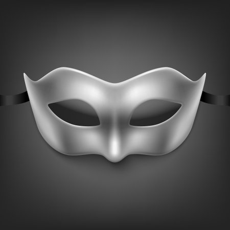 Vector 3d Realistic Silver Carnival Face Maskon Black Background. Mask for Party, Masquerade Closeup. Design Template of Mask for Man, Woman. Carnival, Party, Secret, Hero, Stranger Conceptのイラスト素材