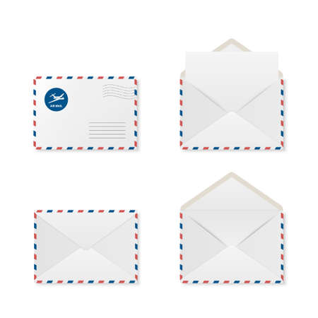 Vector 3d Realistic Open, Closed White Envelope Set. Isolated Envelopes. Blank, Empty Paper Sheet, Invitation, Message, Letter, Document. Design Template for Mockup. Envelope Closeup, Top Viewのイラスト素材