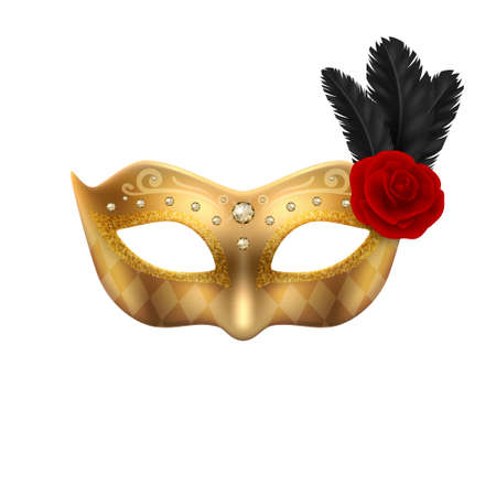 Vector 3d Realistic Carnival Face Mask, Rose, Feather. Golden Mask for Party, Black Feathers, Red Rose. Masquerade Closeup. Design Template of Mask. Carnival, Party, Secret, Hero, Stranger Conceptのイラスト素材