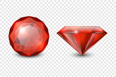 Vector 3d Realistic Red Gemstone, Crystal, Rhinestones Icon Set Closeup Isolated. Jewerly Concept. Design Template, Clipart. Colored Gems, Crystals, Rhinestones, Gemstones, Top and Side Viewのイラスト素材