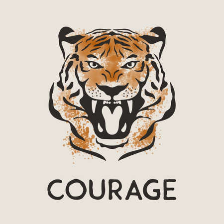 Courage Slogan. Vector Hand Drawn Tiger Face. Noble Tiger Head with Paint Splashes for Clothes, Fabrics, T-shirt, Card Print, Logo Design. Symbol of the Year of Tigerのイラスト素材