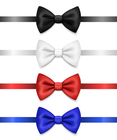 Vector 3d Realistic Red, Blue, White, Black Bow Tie Icon Set Closeup Isolated. Silk Glossy Bowtie, Tie Gentleman. Mockup, Design Template. Bow tie for Man. Mens Fashion, Fathers Day Holidayのイラスト素材